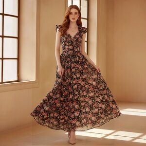 Chic Black and Pink Floral Maxi Dress